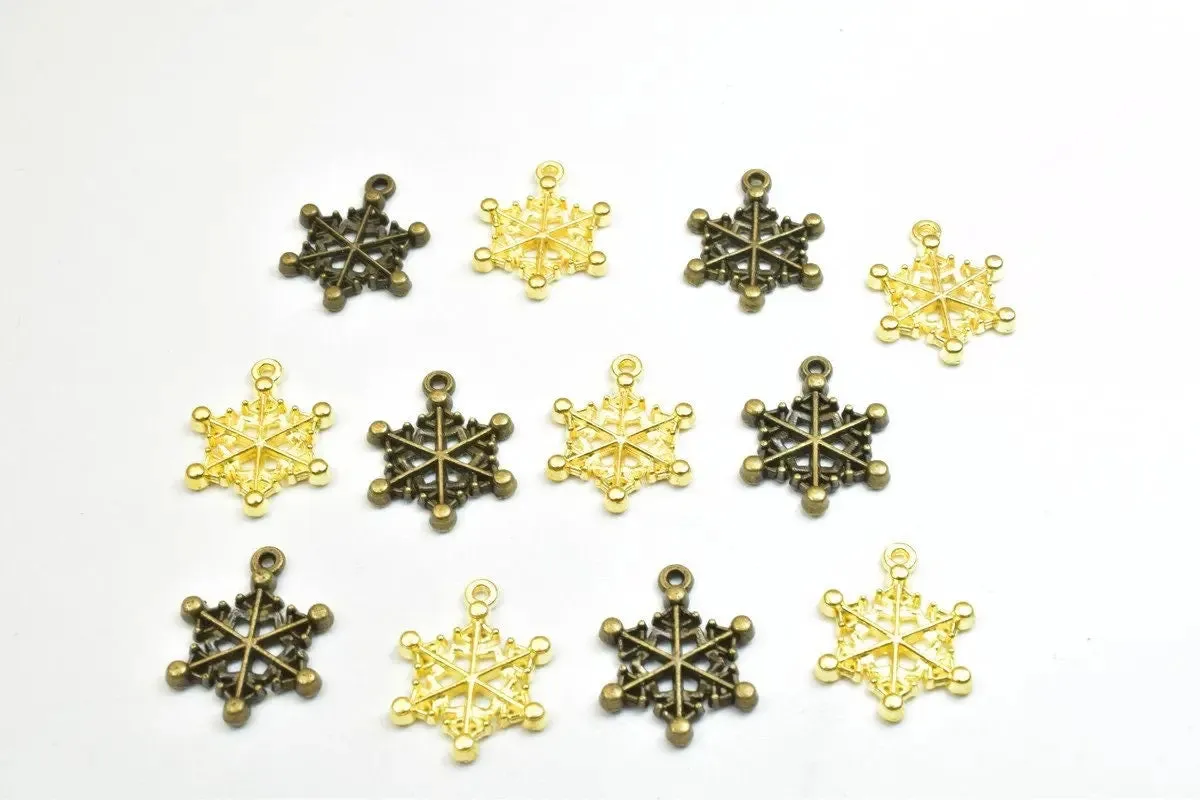 12 PCs Snowflake Charm Pendant Beads Antique Green/Gold Size 20x15mm Decorative Design Metal Beads 1mm JumpRing Opening for Jewelry Making