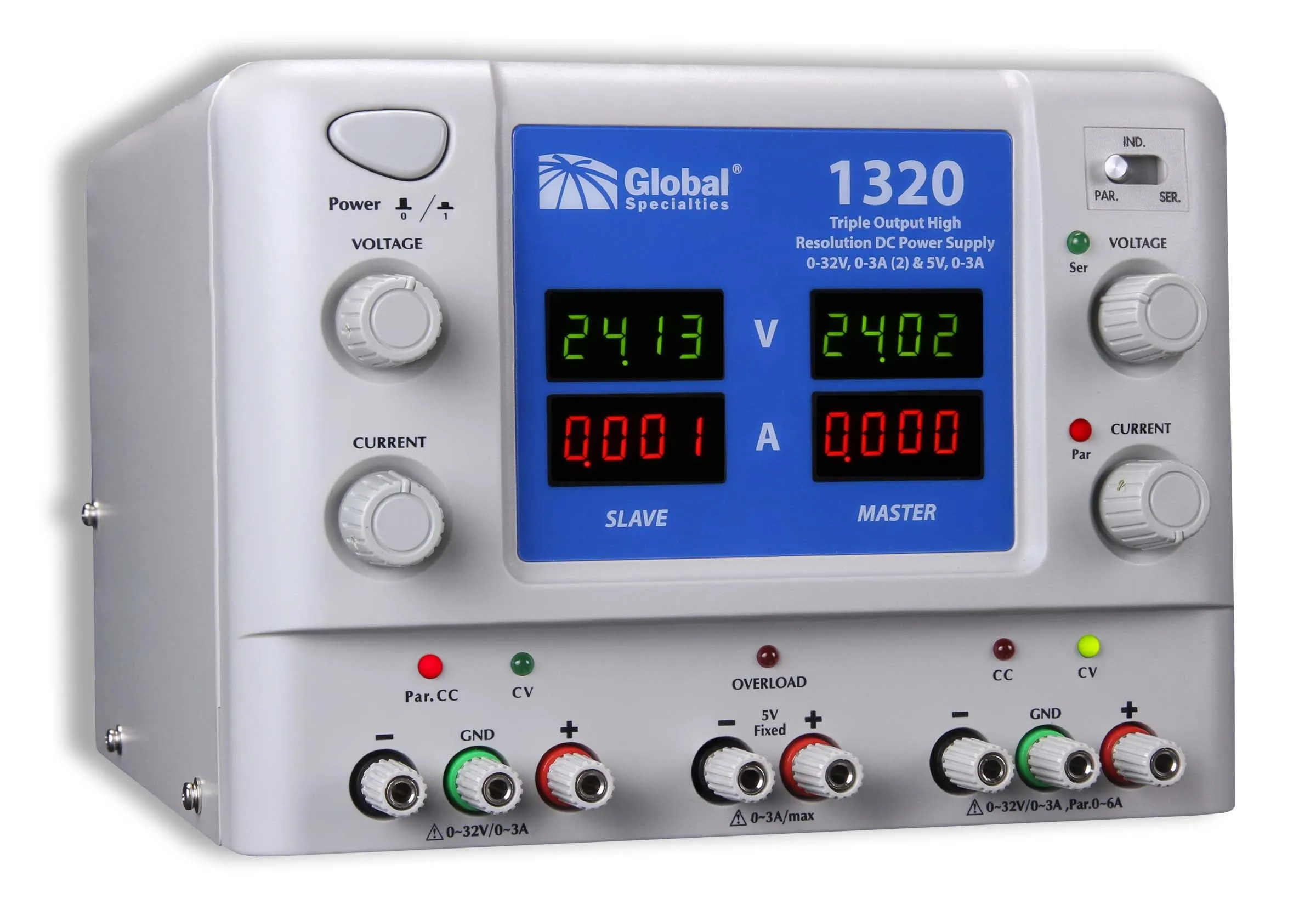 1320: Triple Output High Resolution DC Power Supply: 0-32V, 0-3A (2) & 5V, 3A