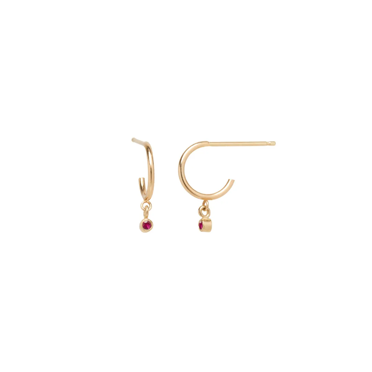 14k dangling ruby huggie hoops | JULY BIRTHSTONE