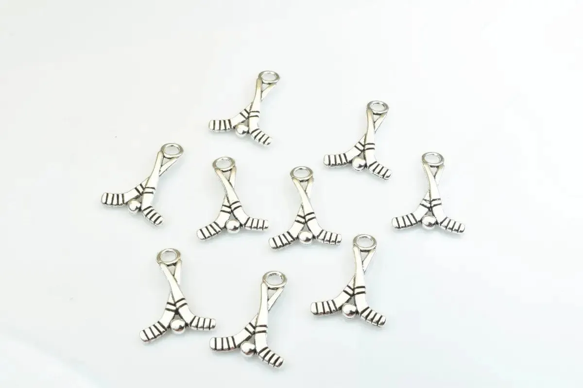 15 PCs Hooke Sticks With Ball Sport Charms Alloy Antique Silver Size 22x16mm Jump Ring Size 3mm For Jewelry Making