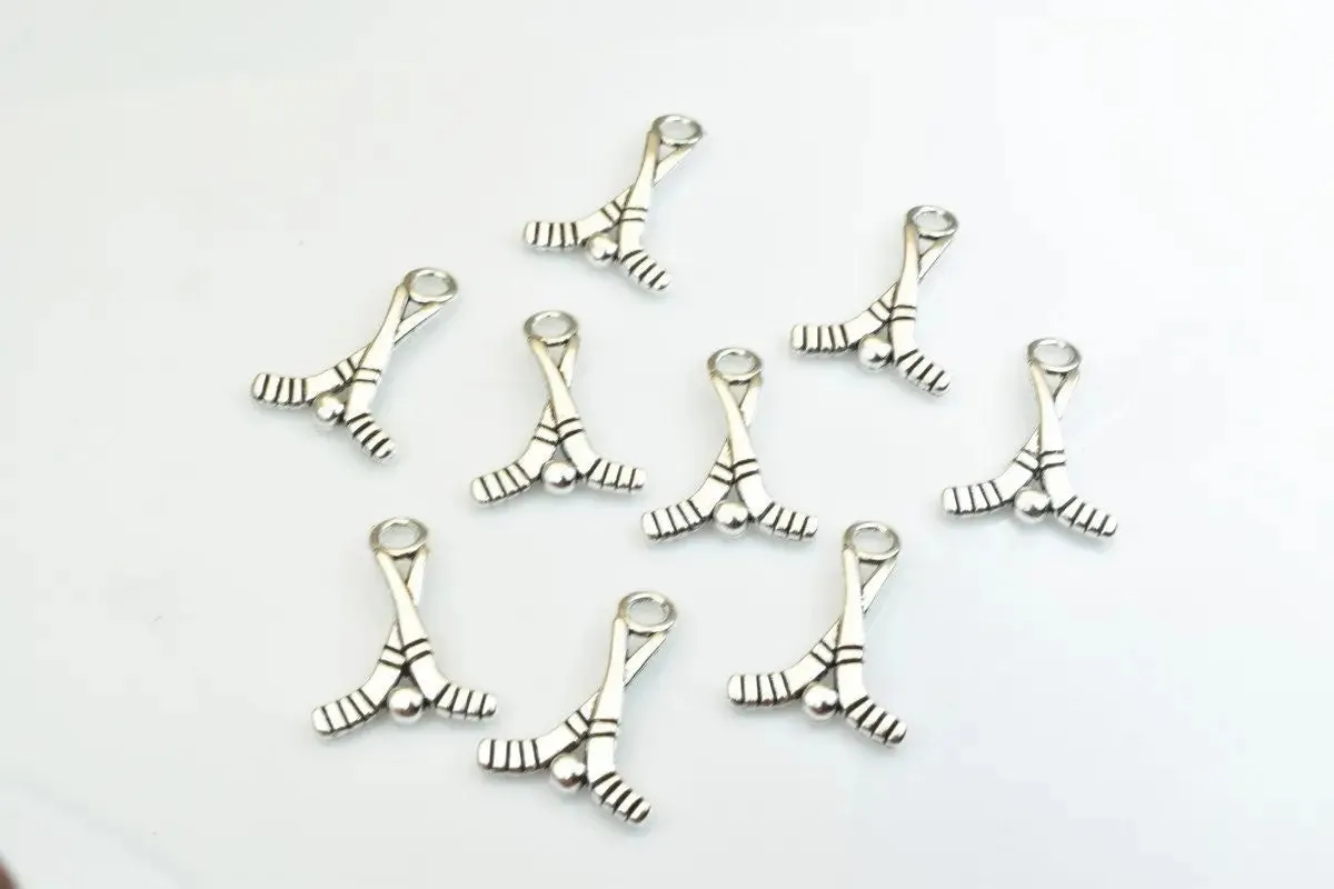 15 PCs Hooke Sticks With Ball Sport Charms Alloy Antique Silver Size 22x16mm Jump Ring Size 3mm For Jewelry Making