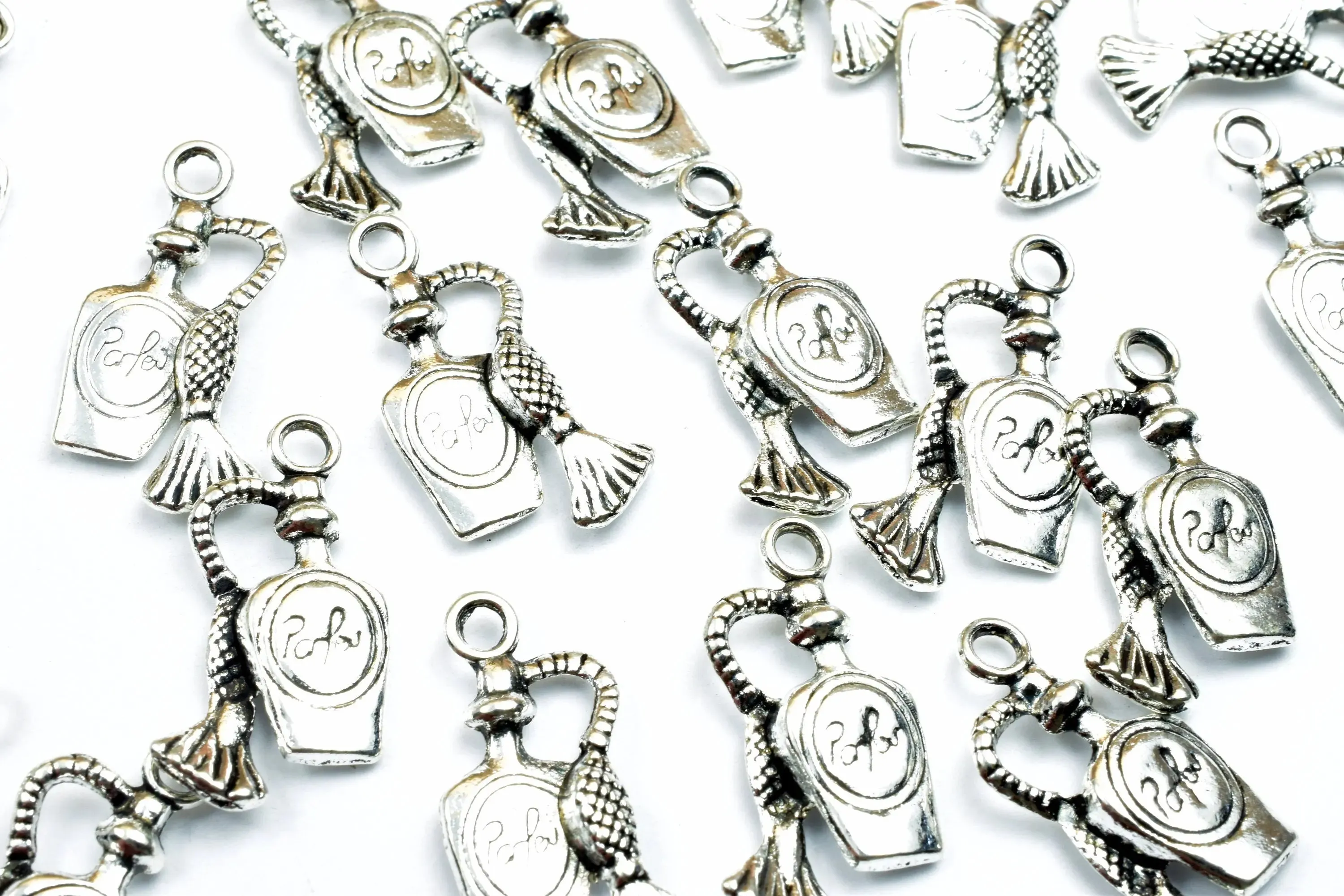 18PCs Antique Perfume Bottle Charms Antique Tibetan Silver Tone Double Face Charm Size 20x10mm, 2mm Jump Ring Findings for Jewelry Making