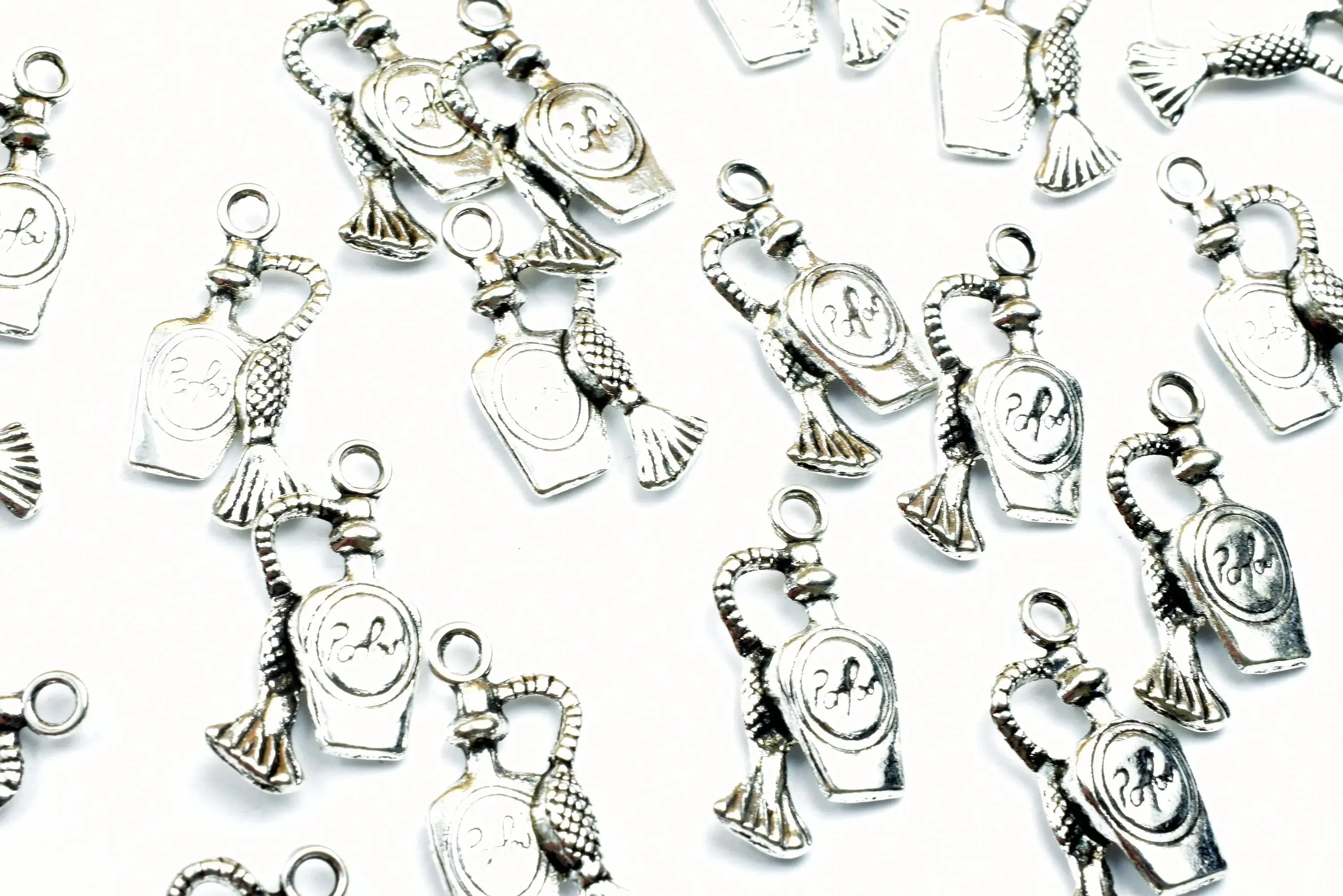 18PCs Antique Perfume Bottle Charms Antique Tibetan Silver Tone Double Face Charm Size 20x10mm, 2mm Jump Ring Findings for Jewelry Making