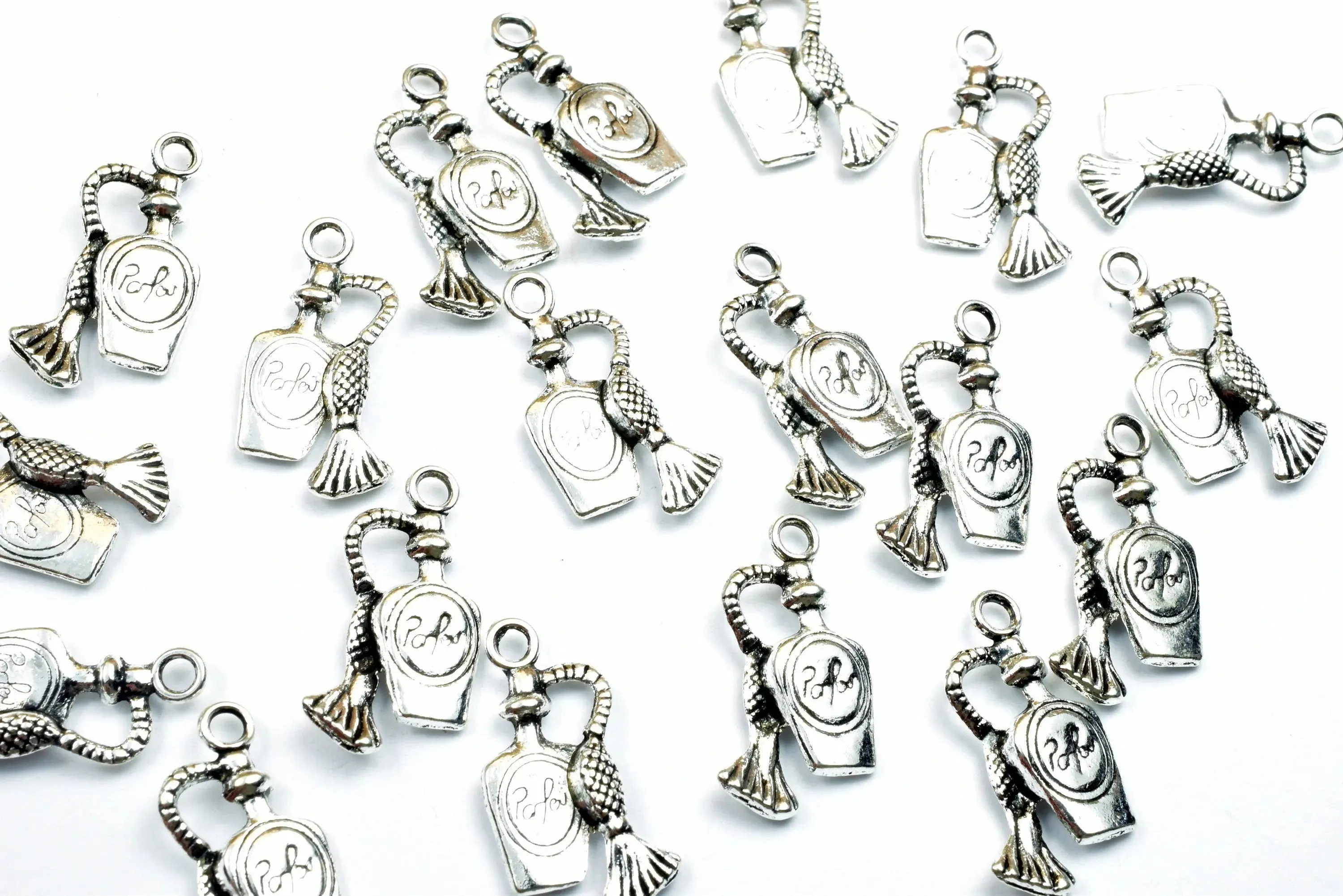 18PCs Antique Perfume Bottle Charms Antique Tibetan Silver Tone Double Face Charm Size 20x10mm, 2mm Jump Ring Findings for Jewelry Making