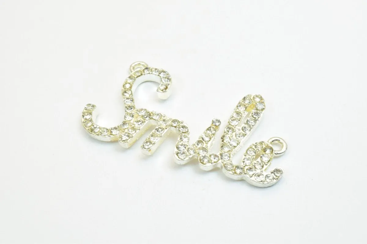 2 PCs Smile Rhinestone Connector Charm Pave Beads Findings Size 22x42mm Thickness 3mm 2 Jump Rings 2mm For Jewelry Making