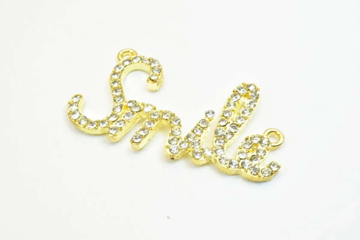 2 PCs Smile Rhinestone Connector Charm Pave Beads Findings Size 22x42mm Thickness 3mm 2 Jump Rings 2mm For Jewelry Making