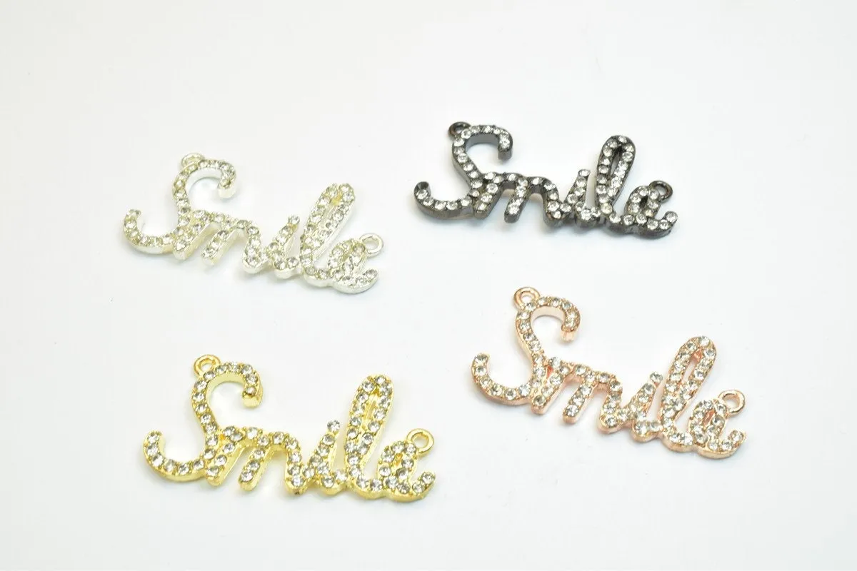 2 PCs Smile Rhinestone Connector Charm Pave Beads Findings Size 22x42mm Thickness 3mm 2 Jump Rings 2mm For Jewelry Making