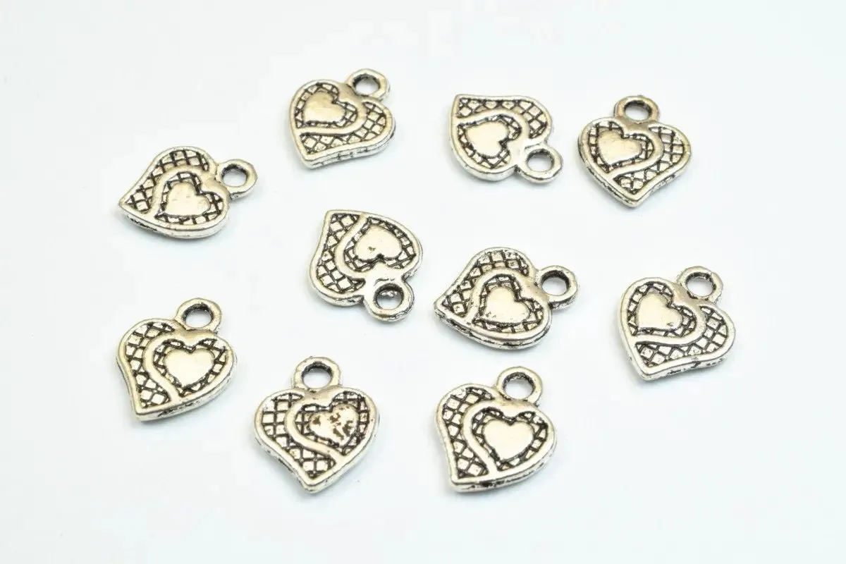 20 PCs Silver Alloy Heart Charm Beads Antique Silver Size 12x10mm Decorative Design Metal Beads 3mm JumpRing Opening for Jewelry Making