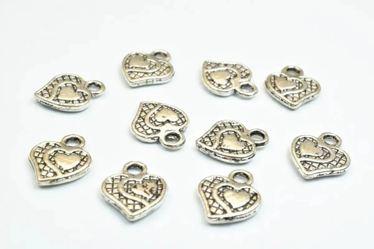 20 PCs Silver Alloy Heart Charm Beads Antique Silver Size 12x10mm Decorative Design Metal Beads 3mm JumpRing Opening for Jewelry Making