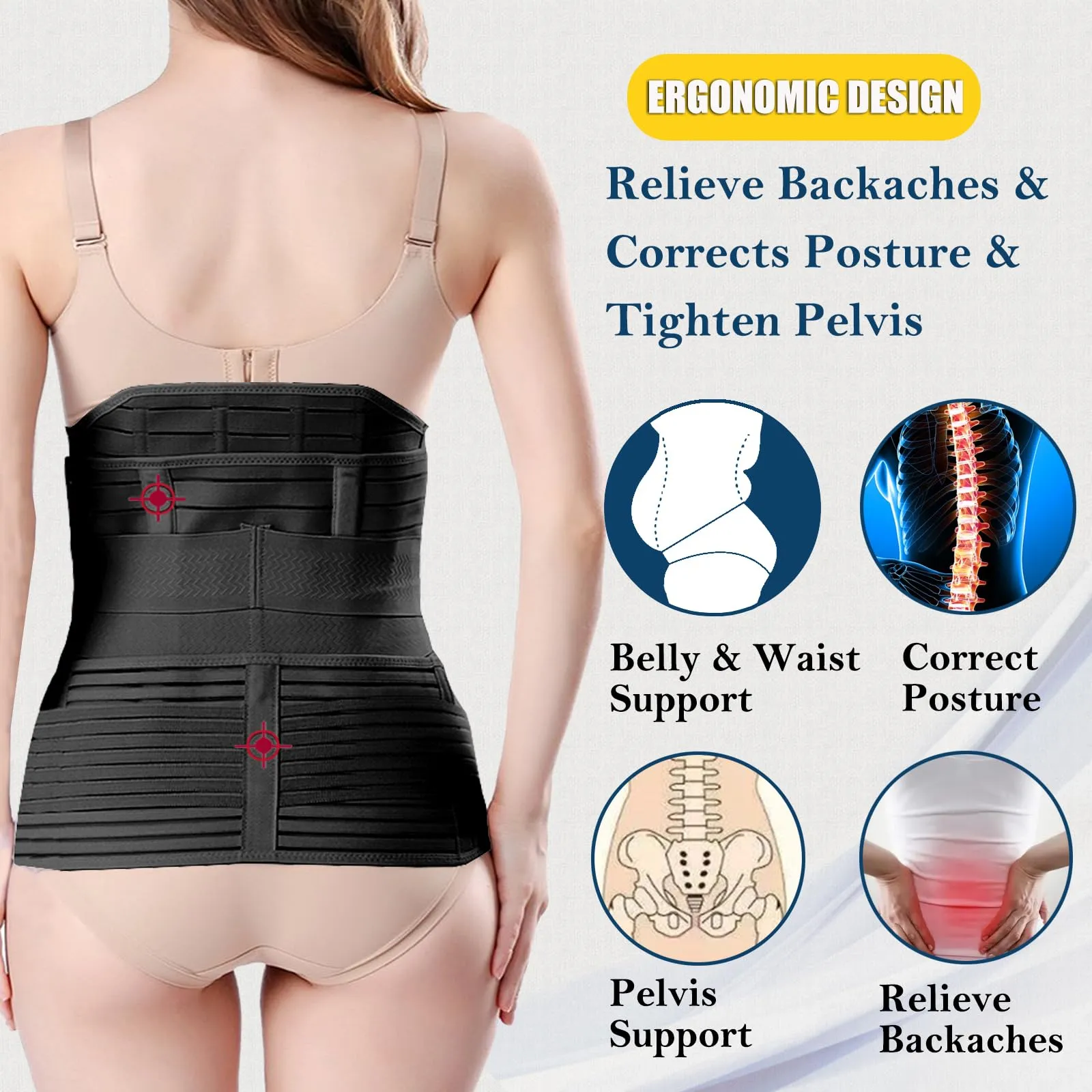 3 in 1 Postpartum Belly Wrap - Recovery Belly/Waist/Pelvis Belt Black Postpartum Belly Band,Black One Size