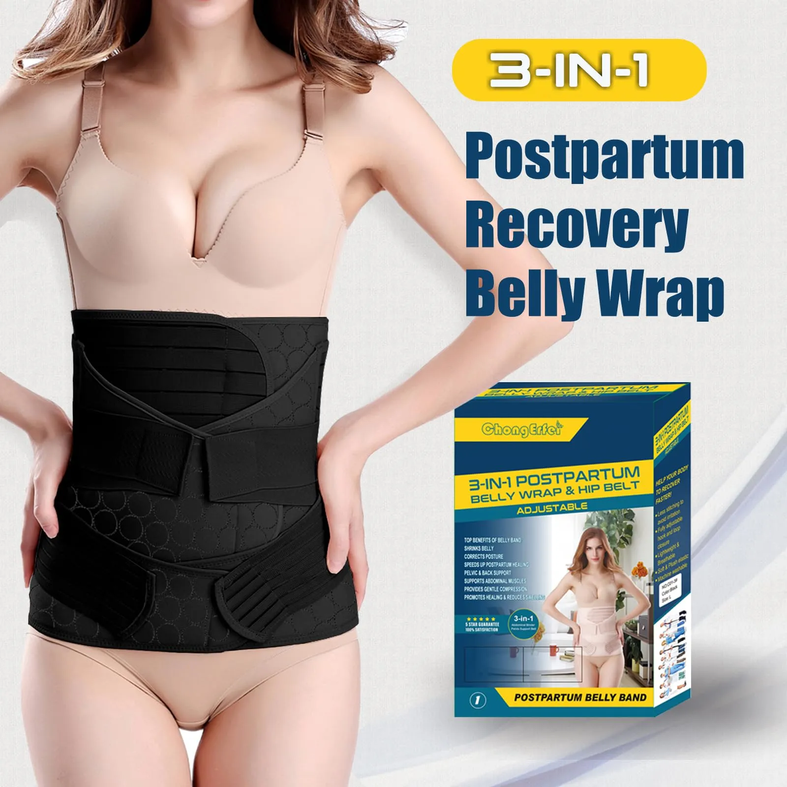 3 in 1 Postpartum Belly Wrap - Recovery Belly/Waist/Pelvis Belt Black Postpartum Belly Band,Black One Size