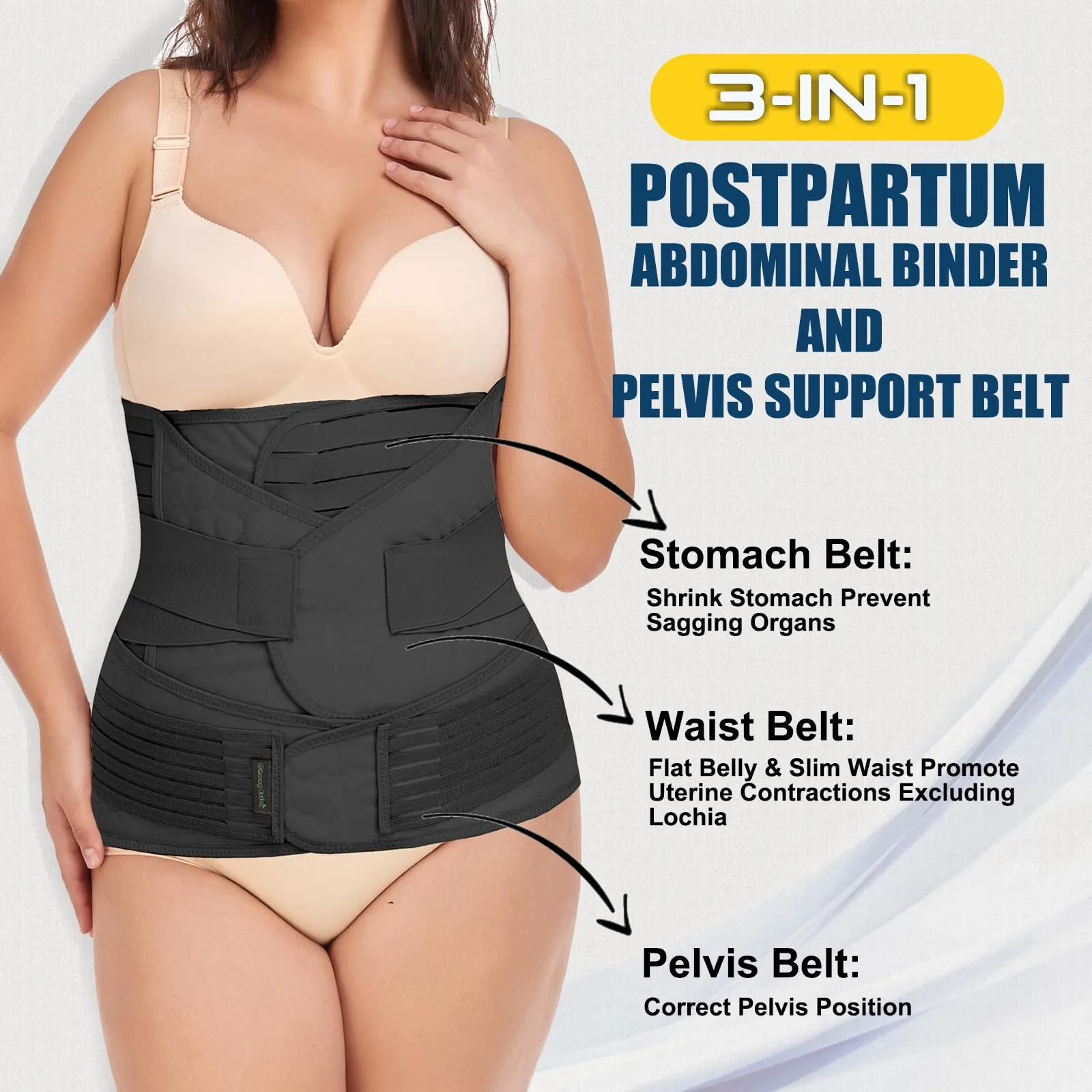 3 in 1 Postpartum Belly Wrap - Recovery Belly/Waist/Pelvis Belt Black Postpartum Belly Band,Black One Size