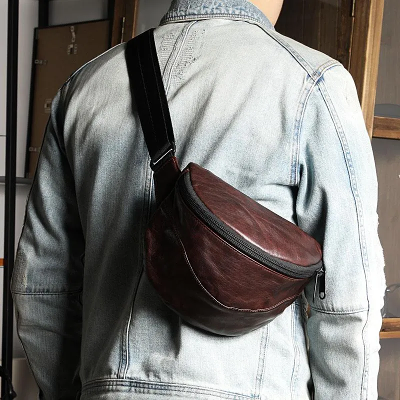 Black Handmade Leather Men Fanny Pack Small Waist Bag Hip Pack Coffee Belt Bag Bumbag for Men