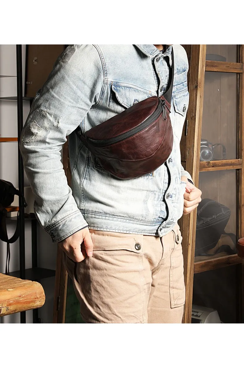 Black Handmade Leather Men Fanny Pack Small Waist Bag Hip Pack Coffee Belt Bag Bumbag for Men