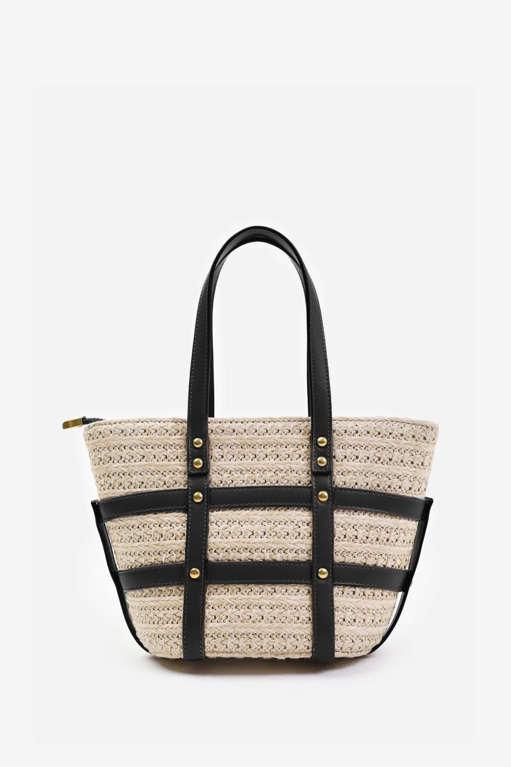 CIELO SMALL RAFFIA BAG WITH STUDD DETAIL AND CROSS BODY STRAP IN BLACK