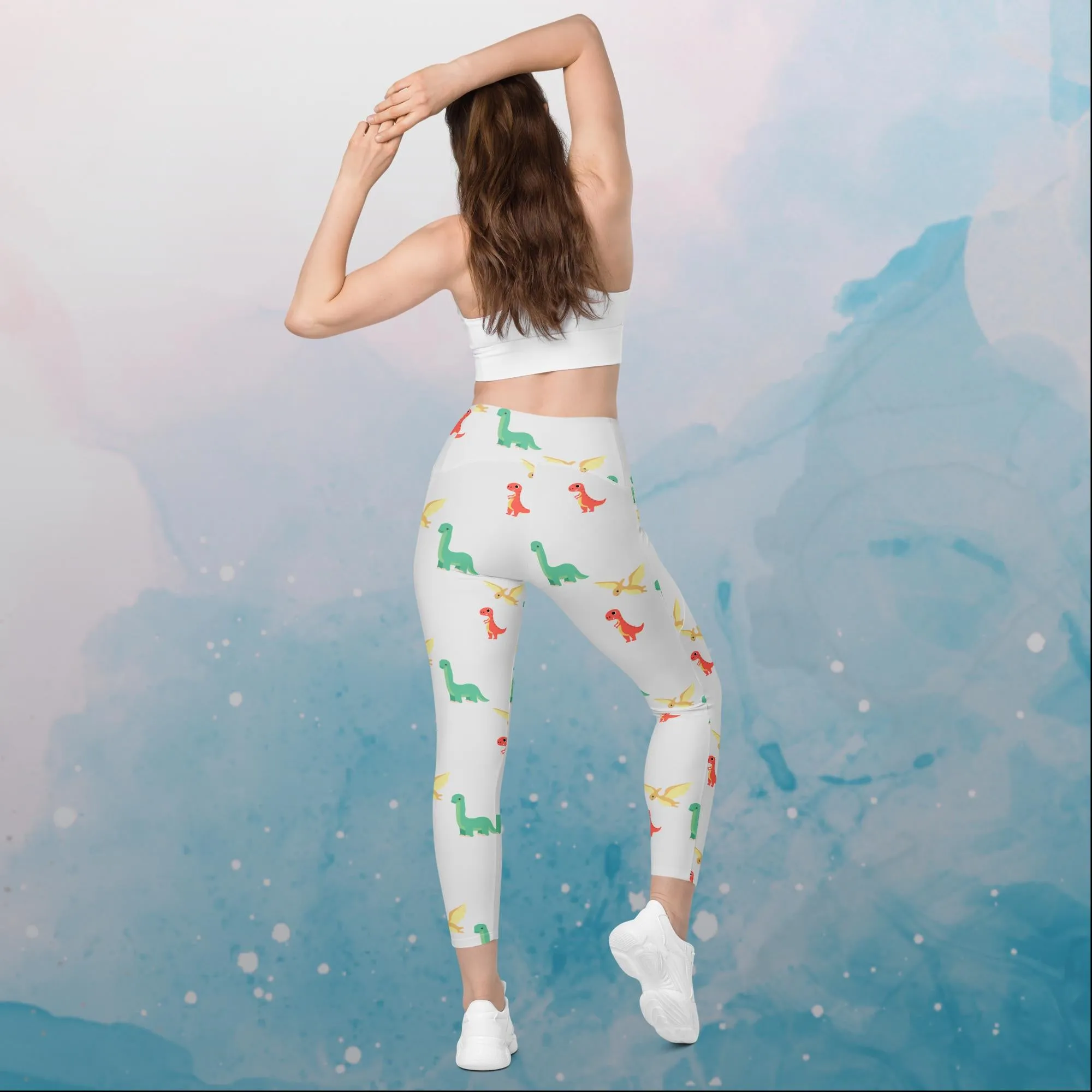 Cute Dino Print Crossover Leggings with Pockets