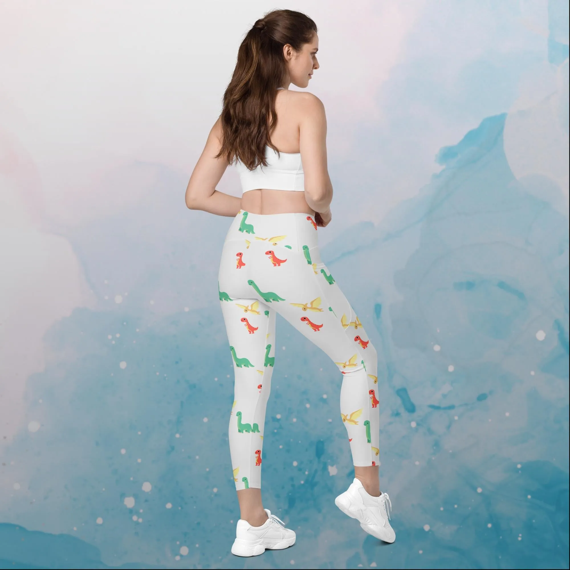 Cute Dino Print Crossover Leggings with Pockets