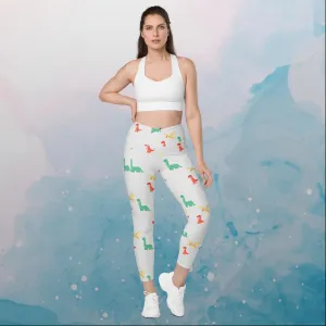 Cute Dino Print Crossover Leggings with Pockets