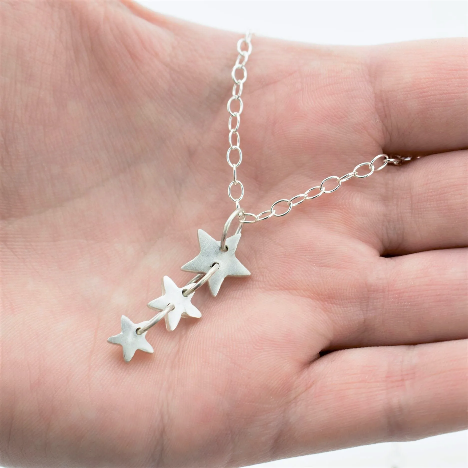 Descending Fine Silver Triple Star Pendant Necklace