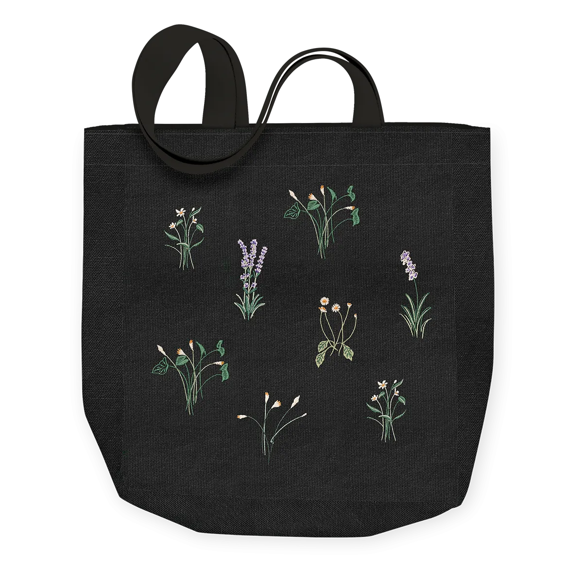 Embroidered Floral Black Canvas Tote Bag