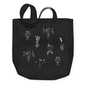 Embroidered Floral Black Canvas Tote Bag