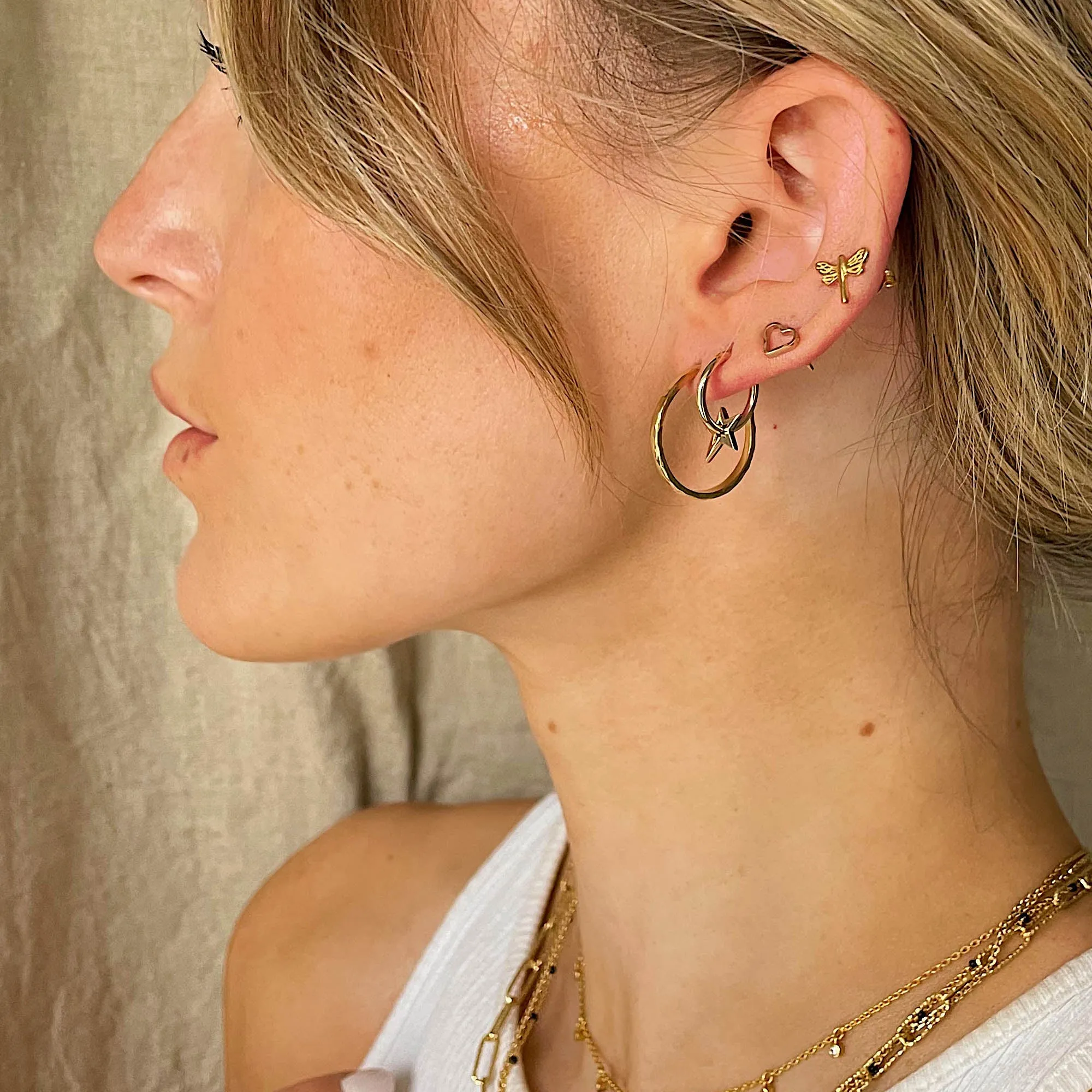 Gold Hammered Hoop Stud Earrings