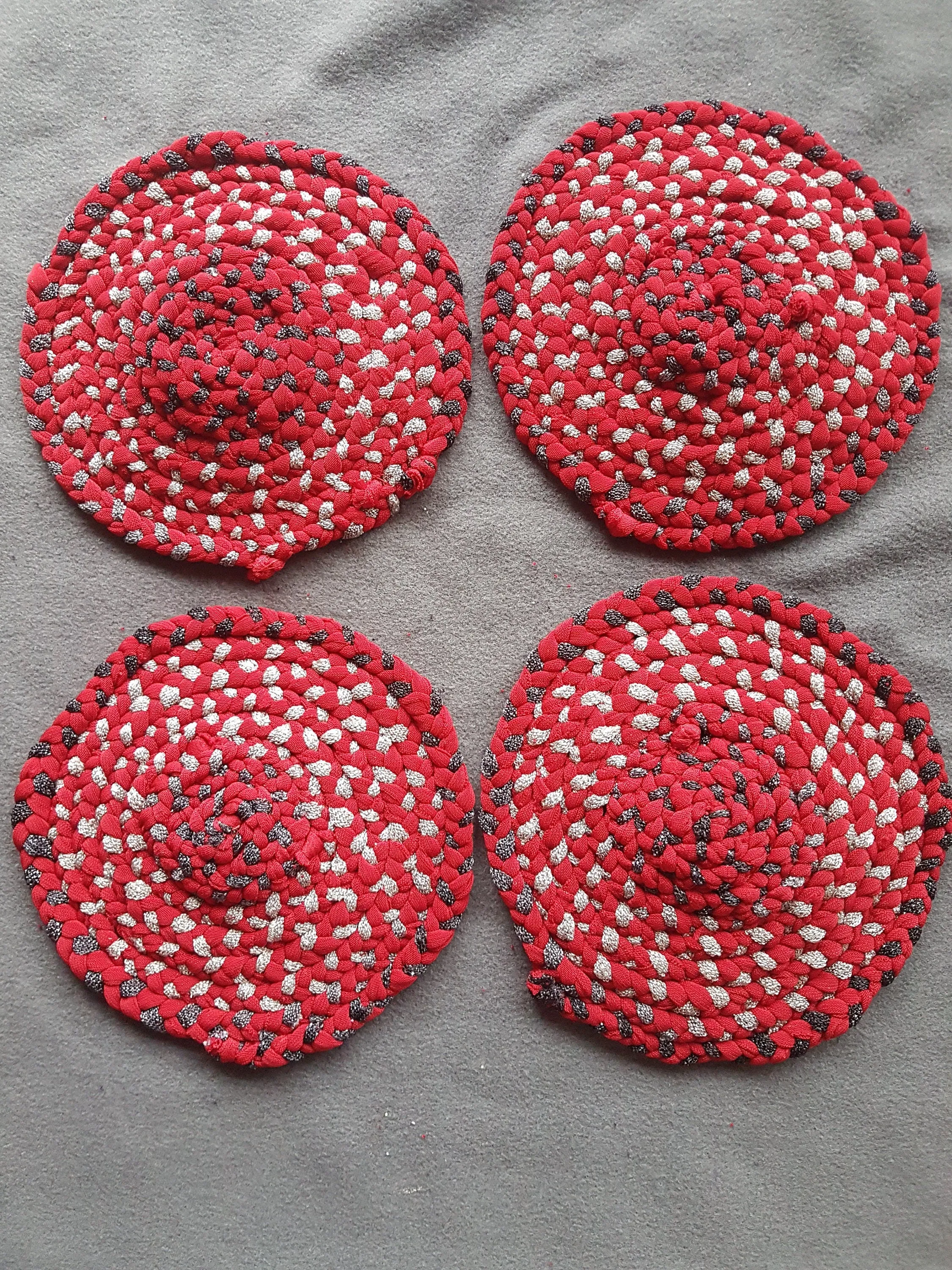 Handmade Round Coaster Red Grey Metallic