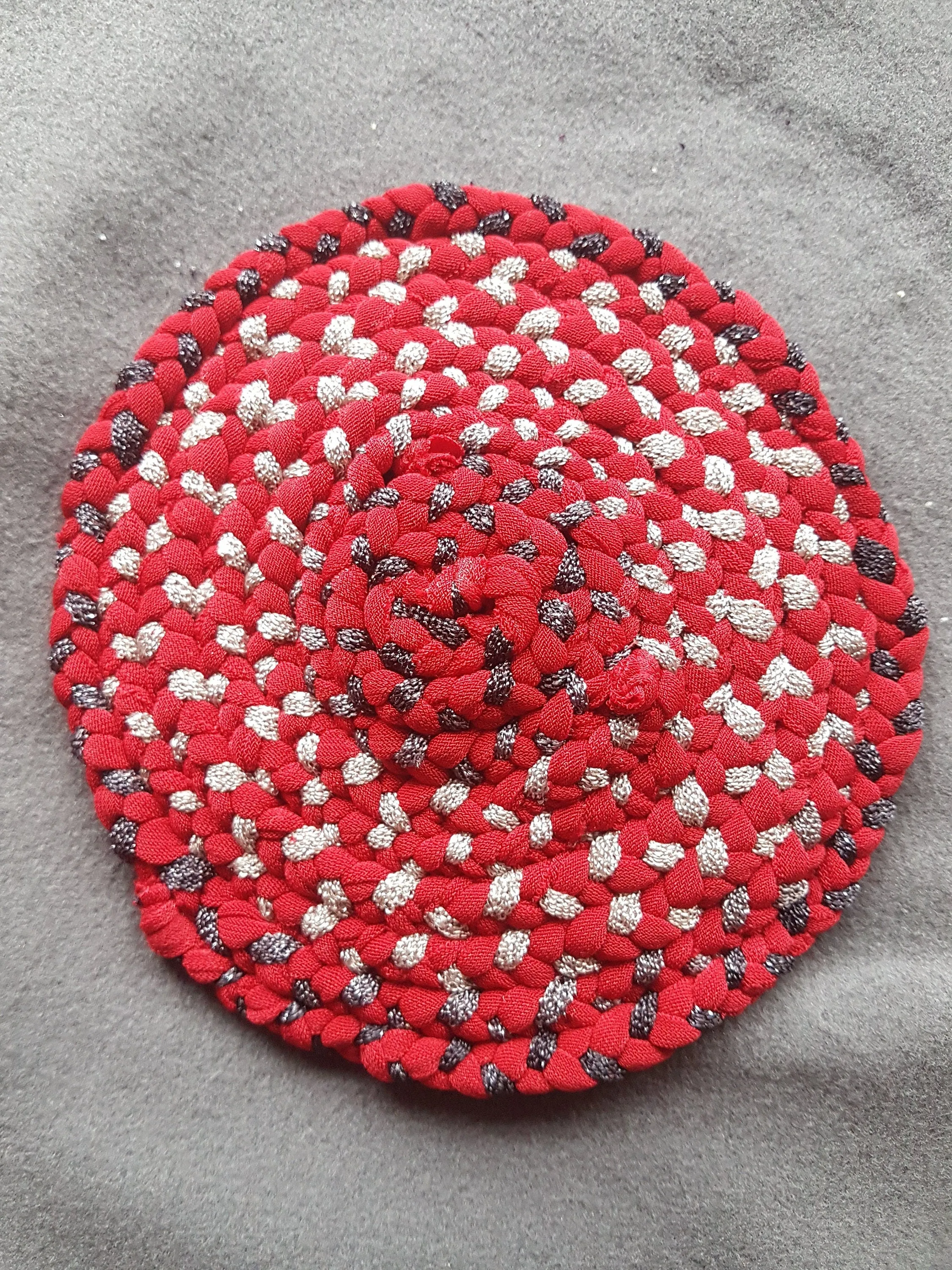 Handmade Round Coaster Red Grey Metallic