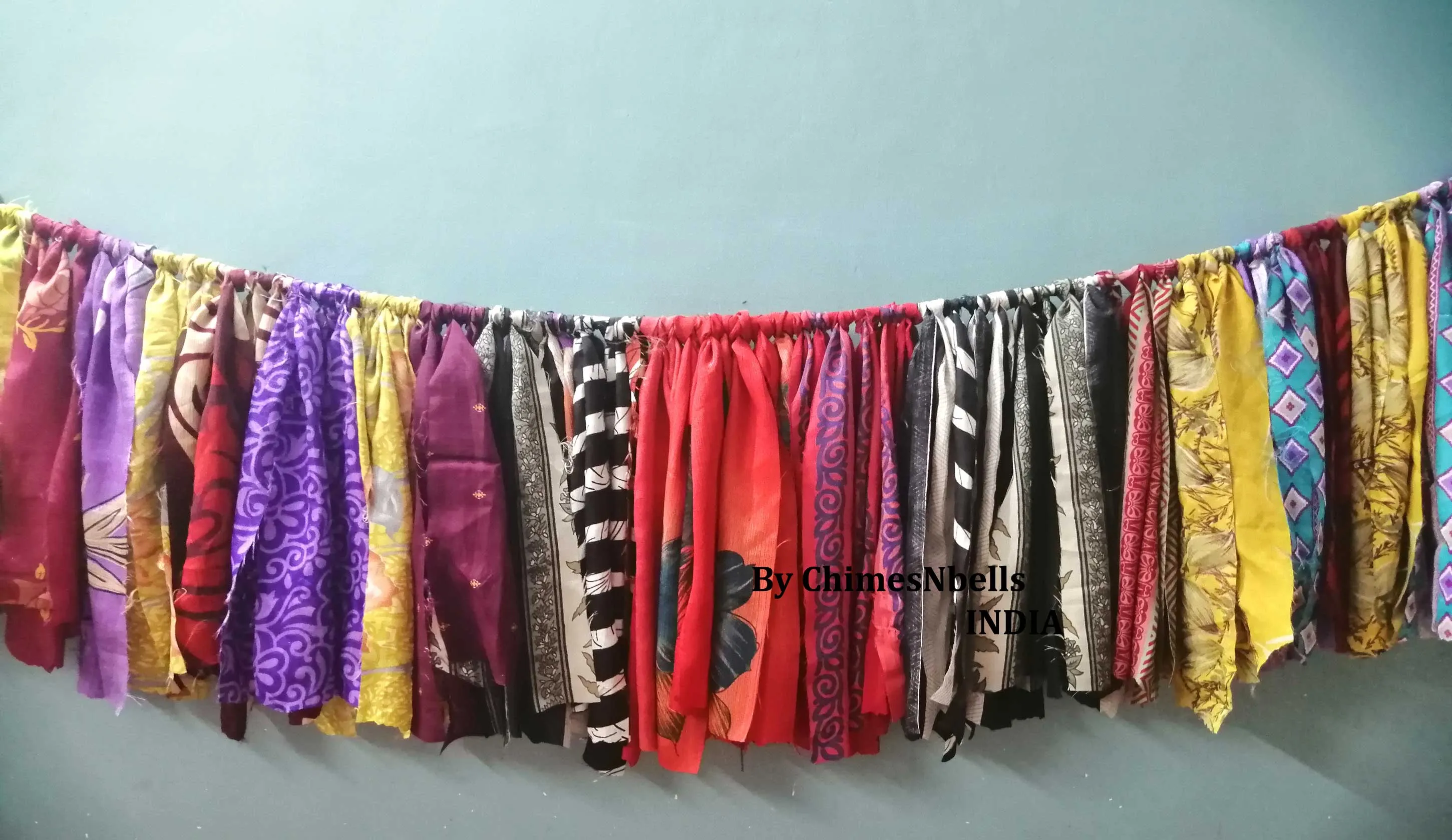 Handmade Up-Cycled Old Silk Sari Saree Hippie Bohemian Theme Window Valance Garland Indoor Outdoor Party Decoration , Multicolour