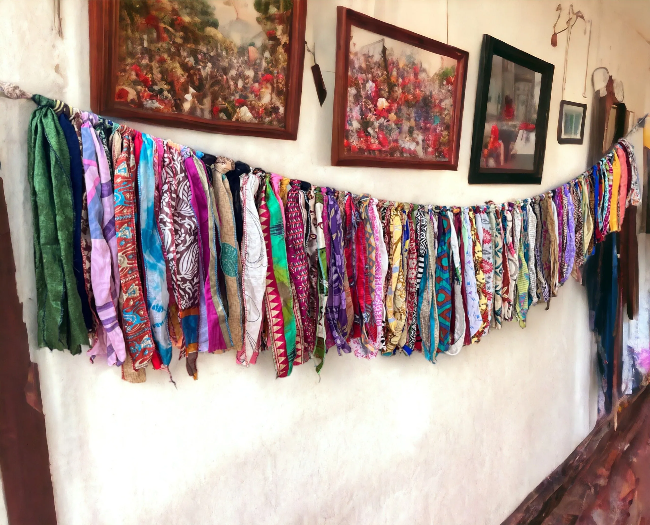 Handmade Up-Cycled Old Silk Sari Saree Hippie Bohemian Theme Window Valance Garland Indoor Outdoor Party Decoration , Multicolour