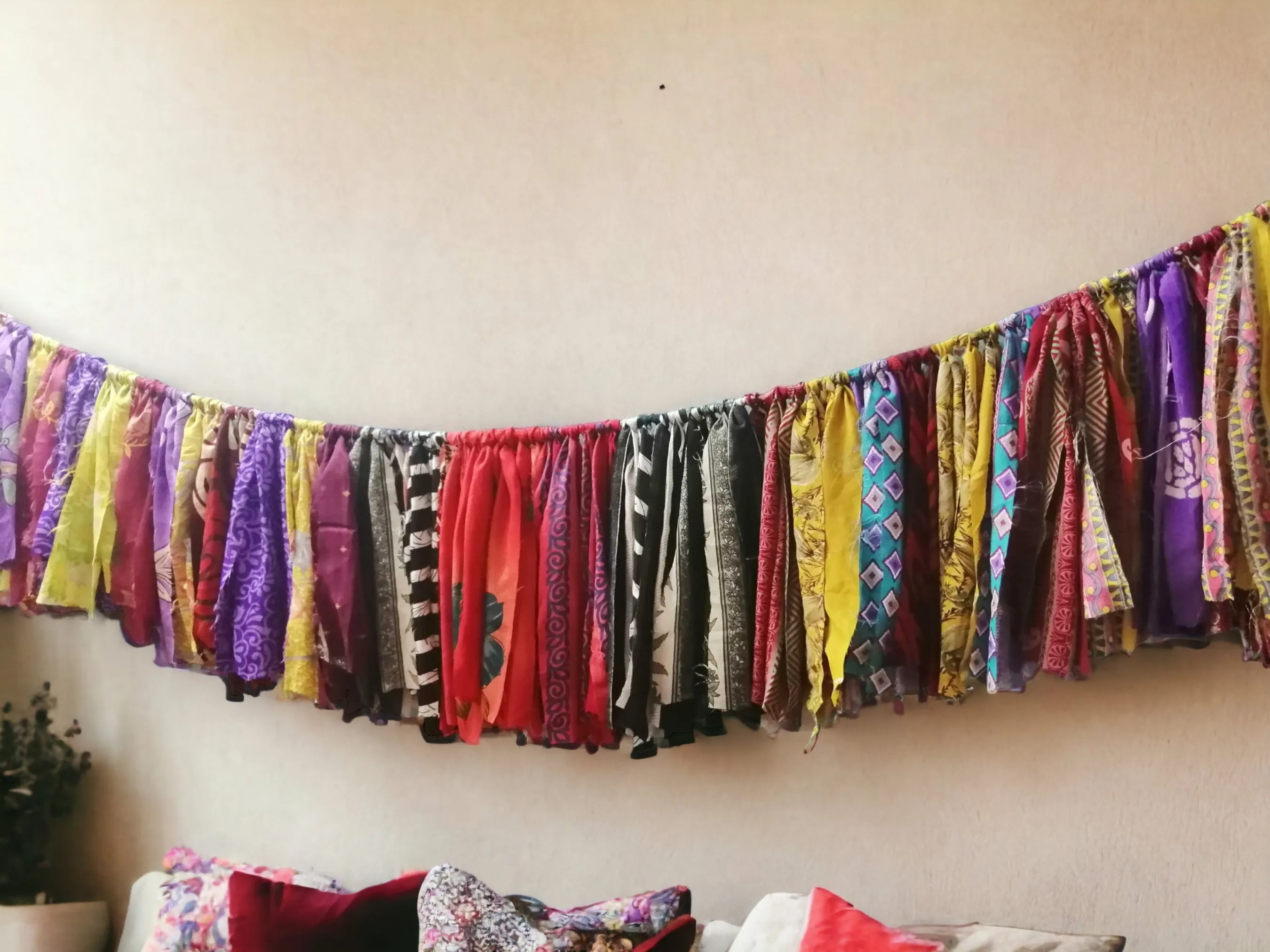 Handmade Up-Cycled Old Silk Sari Saree Hippie Bohemian Theme Window Valance Garland Indoor Outdoor Party Decoration , Multicolour