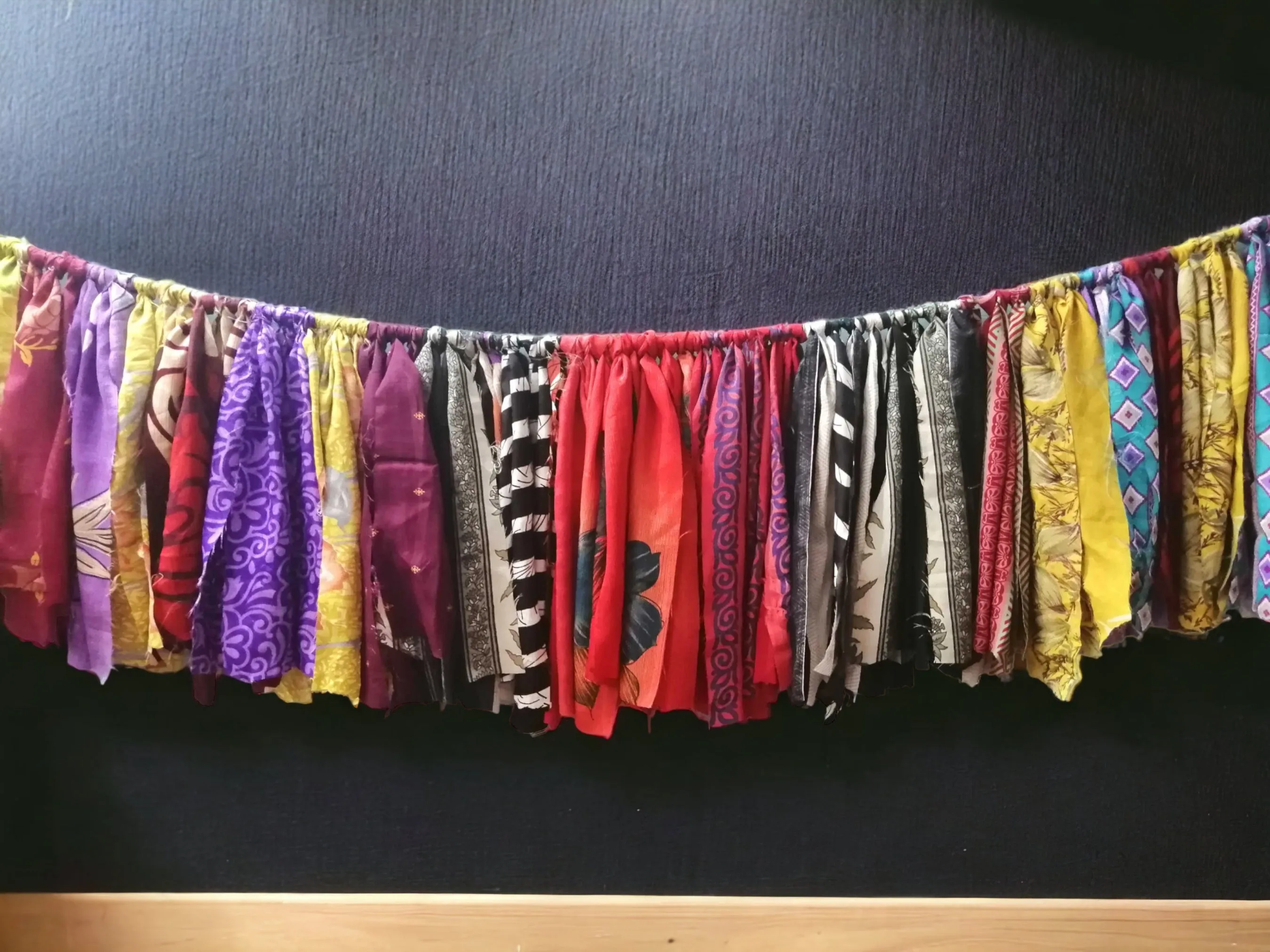 Handmade Up-Cycled Old Silk Sari Saree Hippie Bohemian Theme Window Valance Garland Indoor Outdoor Party Decoration , Multicolour