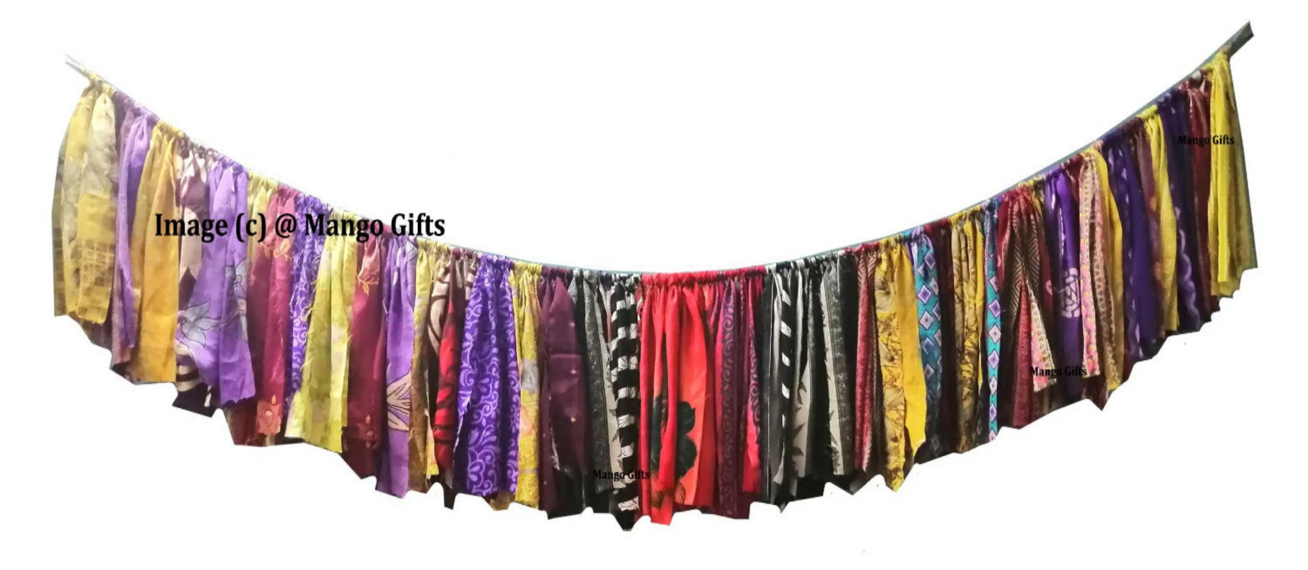 Handmade Up-Cycled Old Silk Sari Saree Hippie Bohemian Theme Window Valance Garland Indoor Outdoor Party Decoration , Multicolour