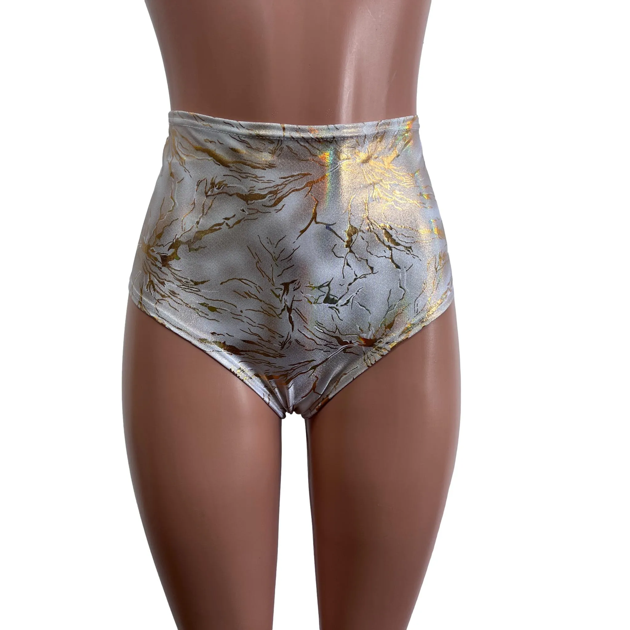 High Waist Scrunch Bikini Hot Pants - Gold Holo Cracked Ice