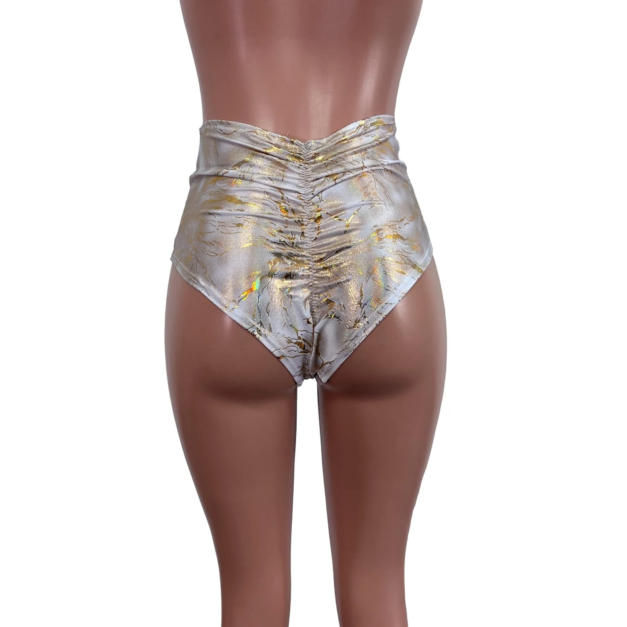 High Waist Scrunch Bikini Hot Pants - Gold Holo Cracked Ice