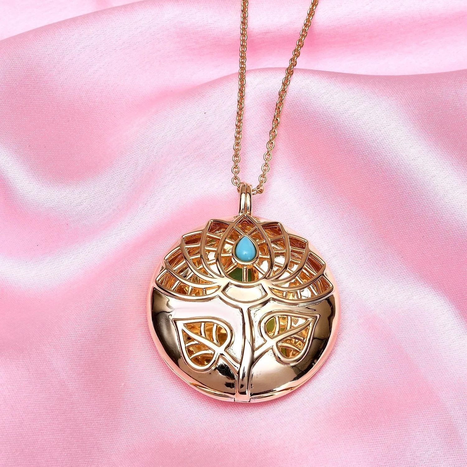 Lotus Locket Necklace   Lattice Pebble Drop Earrings with Sleeping Beauty Turquoise