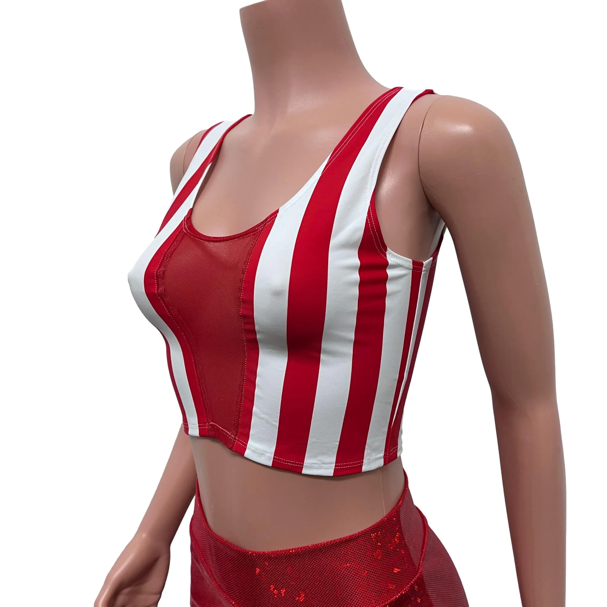 Mesh Inset Crop Tank Top - Red Stripe