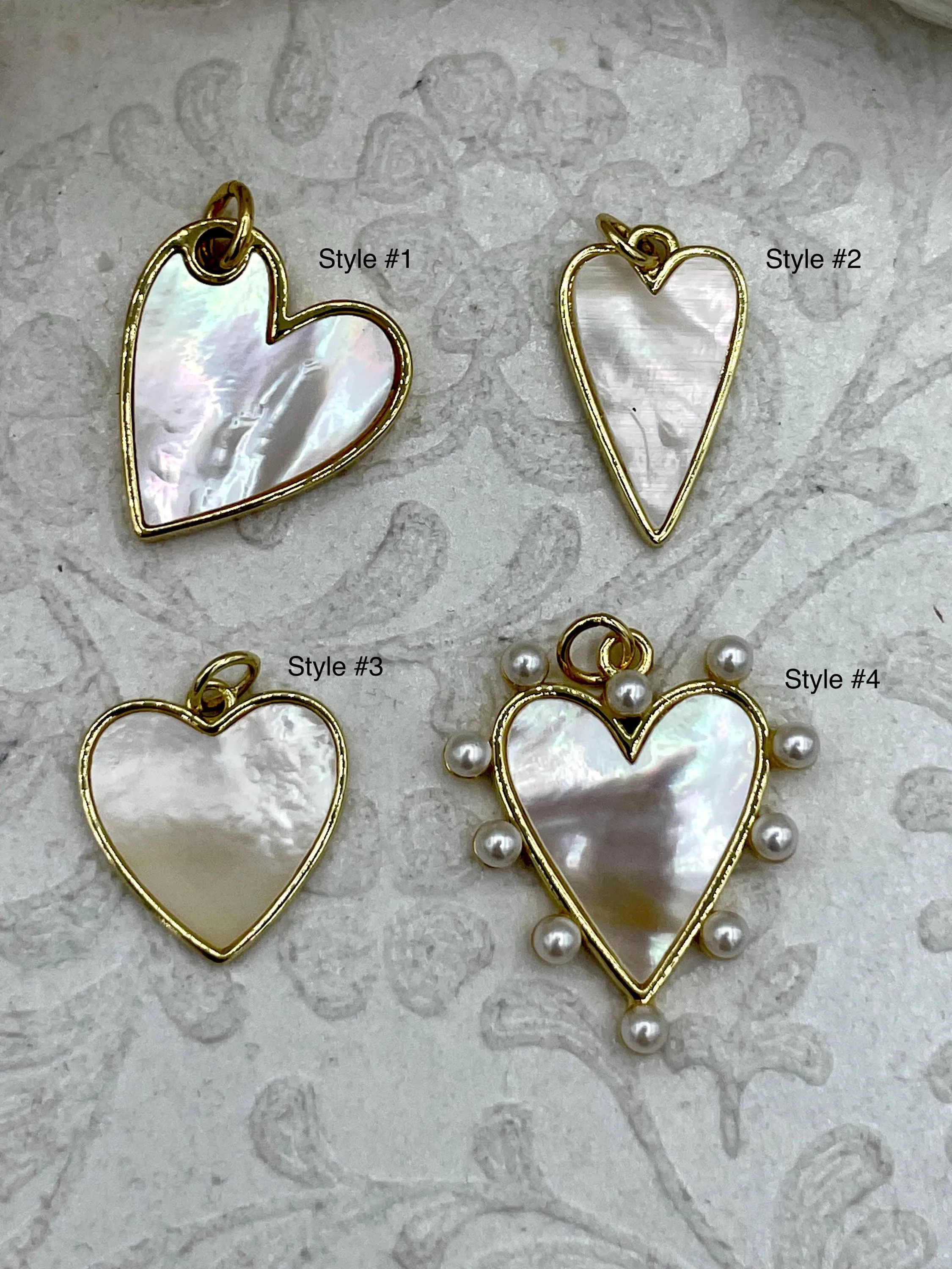 Mother of Pearl Heart Charms, 4 Styles, Brass Heart Charms, Gold Plated Brass, MOP Charms, Brass, Mother of Pearl, Pearls. Fast Ship