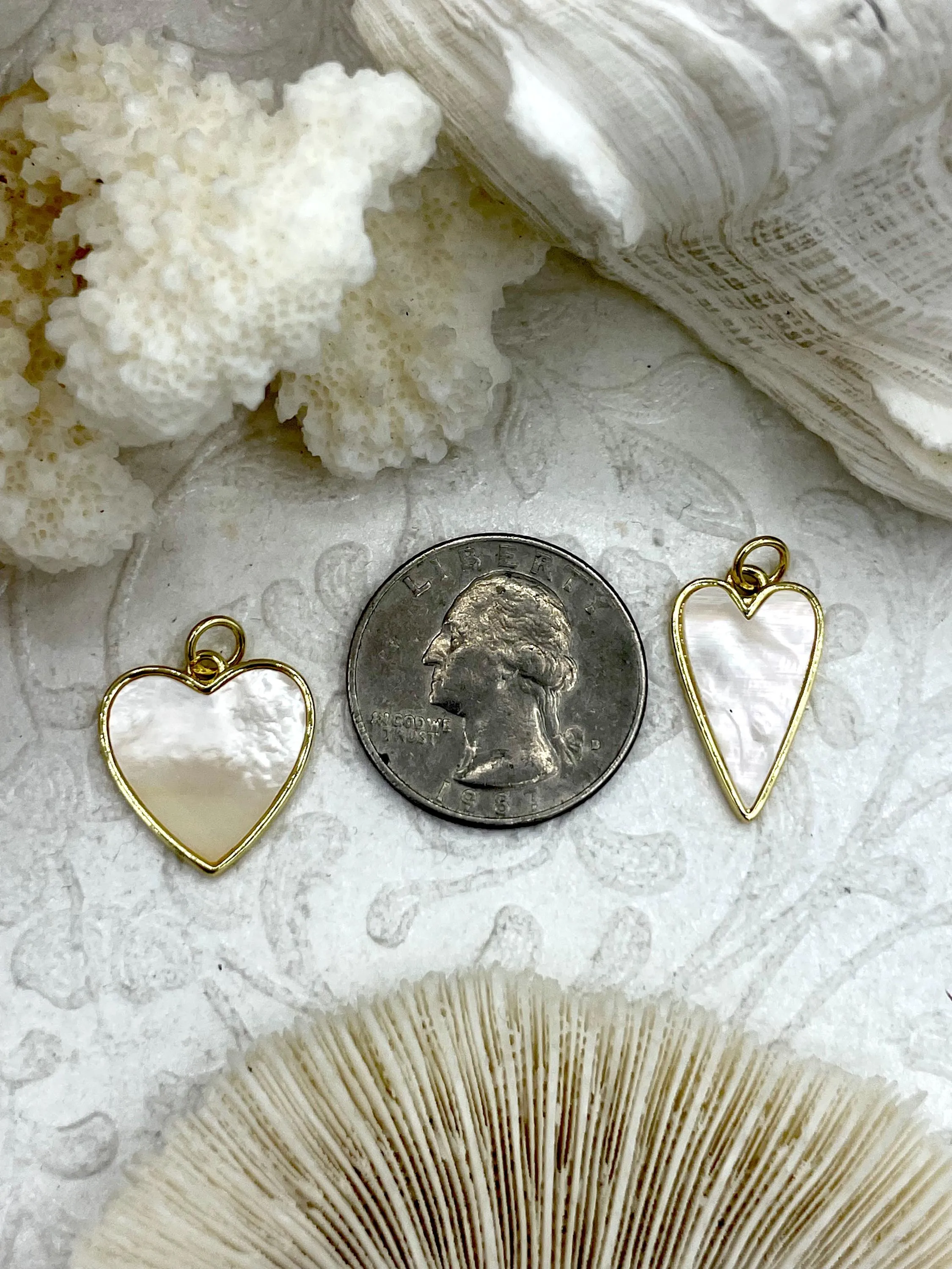 Mother of Pearl Heart Charms, 4 Styles, Brass Heart Charms, Gold Plated Brass, MOP Charms, Brass, Mother of Pearl, Pearls. Fast Ship