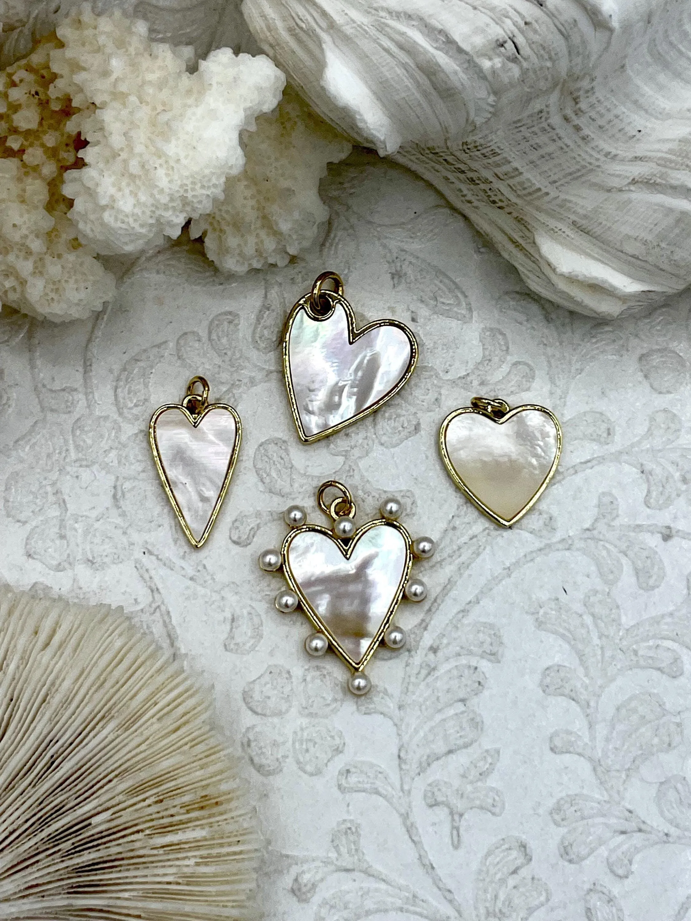 Mother of Pearl Heart Charms, 4 Styles, Brass Heart Charms, Gold Plated Brass, MOP Charms, Brass, Mother of Pearl, Pearls. Fast Ship