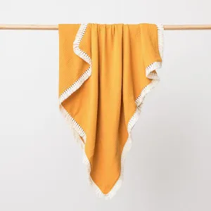 Over The Dandelions Organic Muslin Blanket Boho Tassel Fringe - Saffron