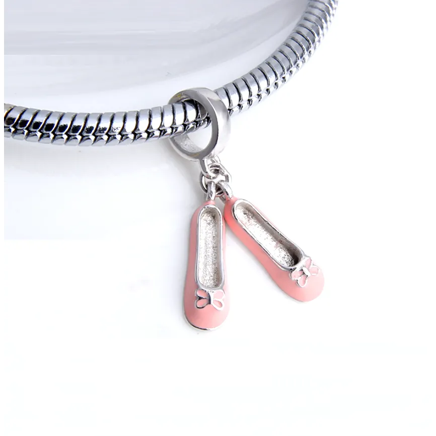 Pink Ballet Ballerina Slippers Silver Dangle Pendant