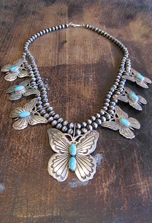 RUSSELL SAM Silver and Turquoise Navajo Butterfly Squash Blossom Necklace