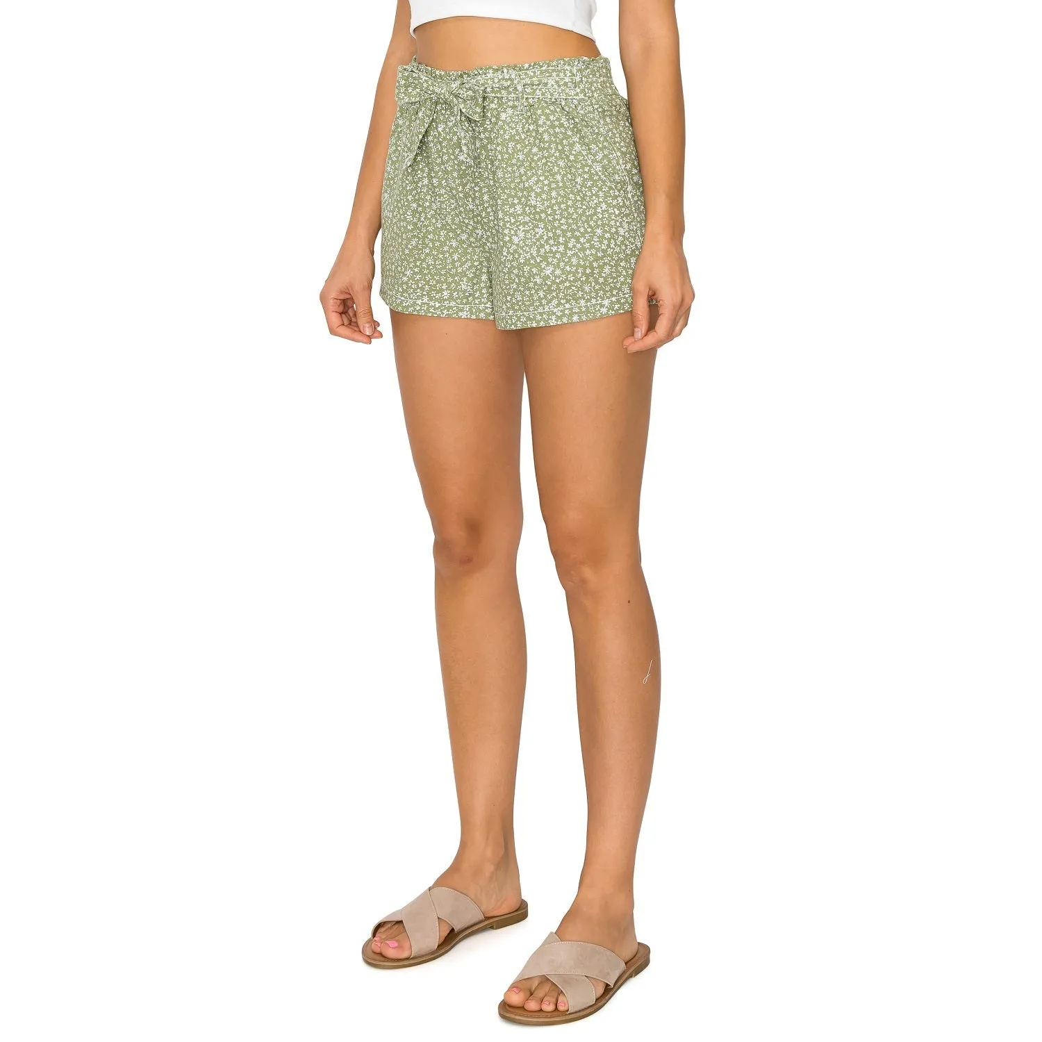 Self Tie Waist Linen Shorts - Dusty Sage