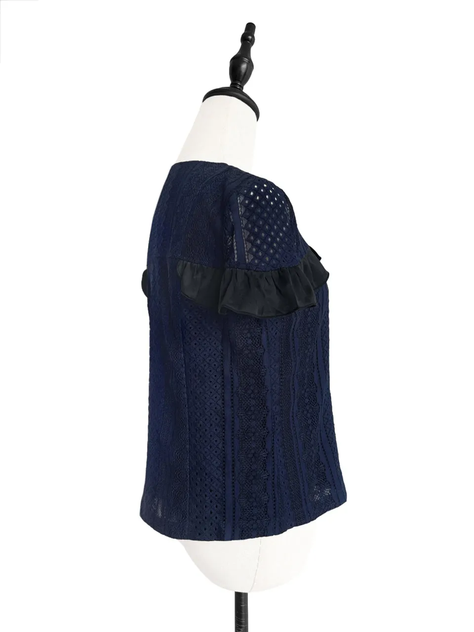 Surprise Sale! Navy Black Corded Lace Sweetheart Neck Ruffle Top