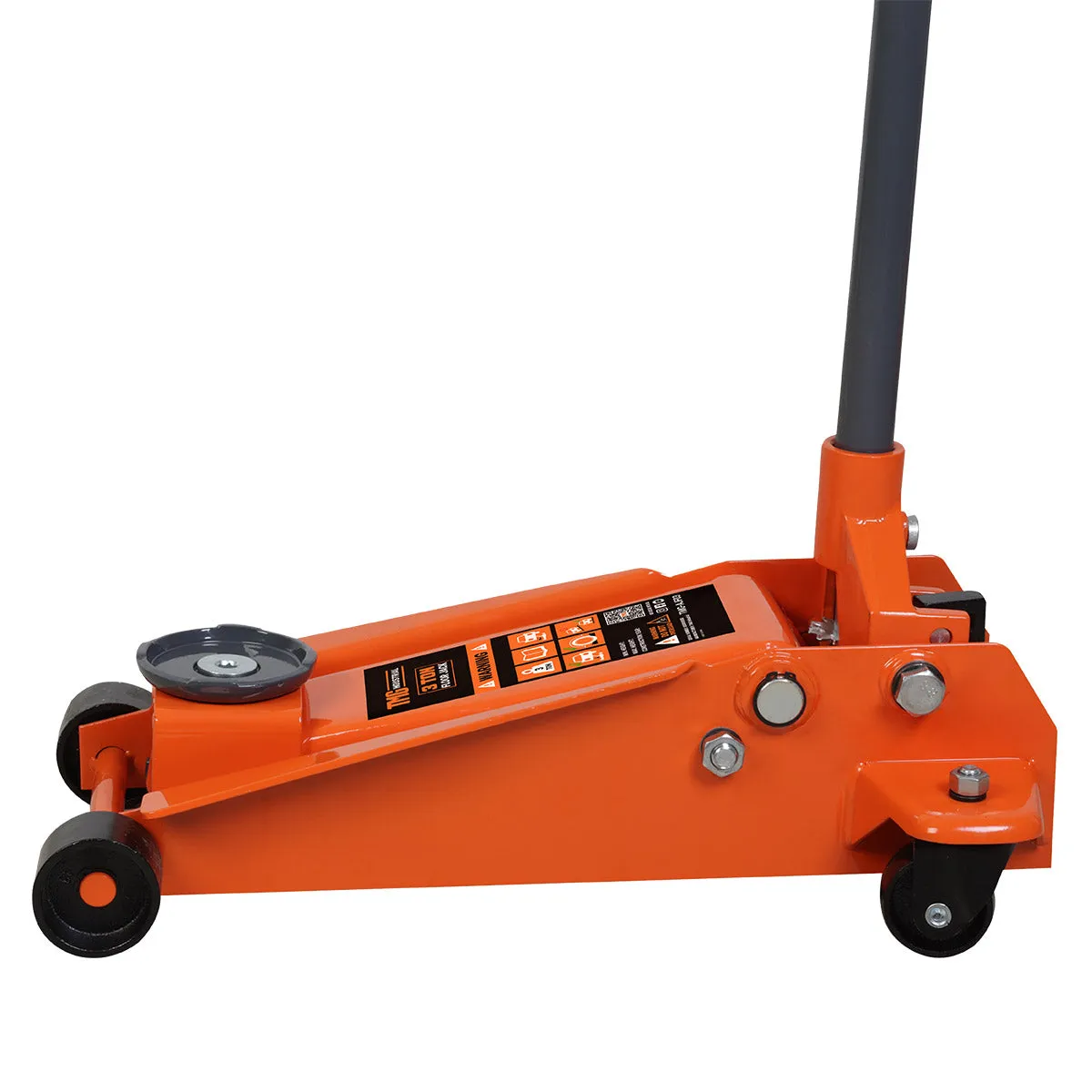 TMG Industrial 3 Ton Floor Jack, Twin Pistons, 18” Max. Height, 5” Ground Clearance, 360° Caster Pivot, TMG-AJF03